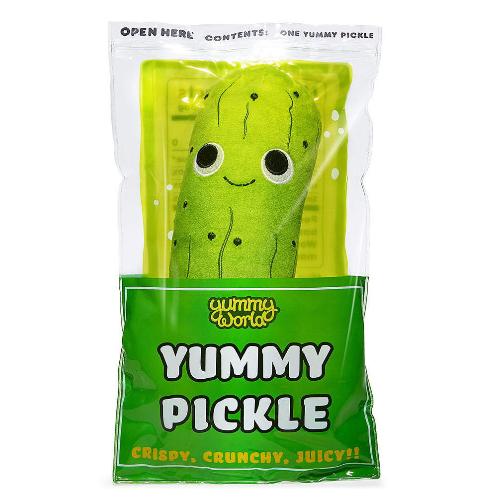 Yummy World Crunchy Pickle plush toy in a bag, 10-inch interactive soft plush from Yummy World featuring detailed pickle design.